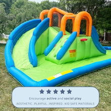 Bounceland Island Water Park Water Slide, 22 ft x 13.8 ft x 8.5 ft, UL Blower Included, Dual Fun Slides, Basketball Hoop, Safe Climbing Wall, Splash Pool, Netted for Safety, Outdoor Fun for Kids