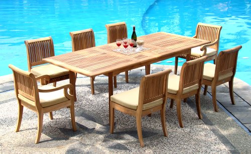 WholesaleTeakFurniture Grade-A Teak Wood 8 Seater 9 Pc Dining Set: 94" Double Extension Rectangle Table & 8 Giva Chairs (6 Armless & 2 Arm/Captain) #WFDSGVk
