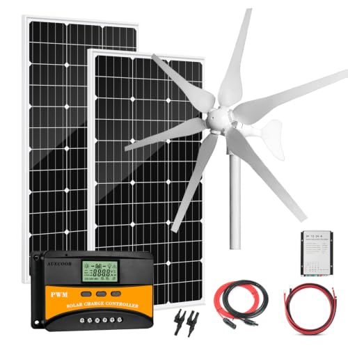 AUECOOR 600 Watts Wind Solar Powered System(Hybrid System Kit): 1pc 12V/24V 400W Wind Generator + 2pcs 100W Polycrystalline Solar Panel + Solar Controller+Wind Controller+Accessories