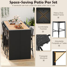 SPORFIT 7 Piece Patio Wicker Bar Set, Rattan Bar Stools Set for Bistro with Acacia Wood Tabletop & Seat Cushions, Outdoor High Top Table and Chairs for Backyard Garden Porch Poolside (73 Inch)