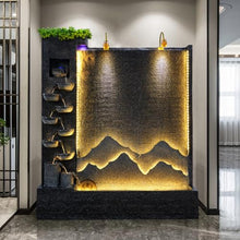7 ft Elegant Cement Waterfall Fountain, Indoor/Outdoor, Waterfalls Durable, Weatherproof Home Decor, Garden, Lawn, Lobby, Entryway, LED Lights,Office,Restaurant, Balcony, Dark Gray, Housewarming Gift