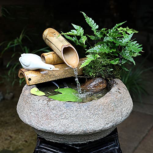 GenSDH Japanese Water Fountain, Bamboo Accents Zen Garden Water Fountain with Pump & Stone Bowls, Mini Fish Pond Bird Bath
