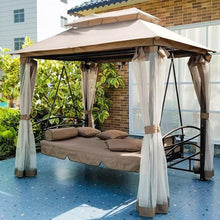 vhdurike Outdoor Gazebo Swing, Deluxe Patio Porch Swing, 3-Seat Patio Swing Chair, Outdoor Swing Bed with Curtains, Canopy Swing for Garden, Poolside Backyard
