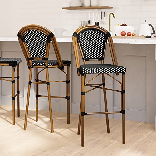 EMMA + OLIVER Black/White PE Rattan Bistro Bar Stool, 2-Pack