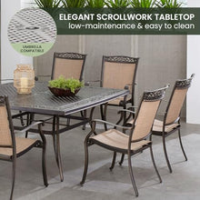 Hanover Fontana 9-Piece Outdoor Patio Dining Set with 60'' Cast-Top Table and 8 Sling Swivel Rocker Chairs Tan