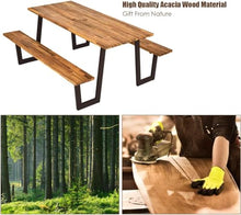 LDAILY Acacia Wood Picnic Table with Umbrella Hole, 70’’ x 30’’ Outdoor Picnic Tables with Benches for 6-8 Persons, 1600 LBS Max Load, Metal Frame & 2" Umbrella Hole, Party, Garden, Yard, Patio, Lawn