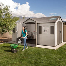 Lifetime 15×8 Ft Dual‑Entry Outdoor Storage Shed, Steel‑Reinforced, UV‑Protected, Weather‑Resistant Backyard Garden Shed with Skylights, Windows & Shelving, Desert Sand