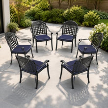 OROTLECT 6 Pack Cast Aluminum Patio Dining Chairs with Armrests, All Weather Outdoor Bistro Chairs, Removable Navy Blue Cushions, Lattice Back Metal Arm Chairs for Garden Backyard Deck Porch