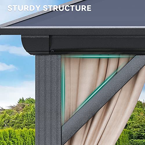 YITAHOME 10x12FT Hard-Top Double Roof Gazebo Canopy with Netting and Curtains Brown