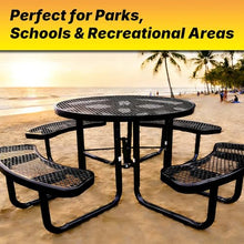 LAUCO 46-Inch Round Metal Picnic Table with Attached Benches, Black Thermoplastic Coated, Expanded Metal Construction, 1000 lb Capacity, Outdoor Use 36035