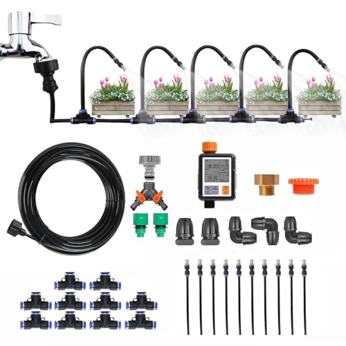 YLANMEI Irrigation System Kit, 360° Bendable Garden Automatic Irrigation System, Garden Irrigation System, Adjustable Nozzle Copper Watering System, for Lawn, Greenhouse, Garden Yard,50m/164ft+Timer