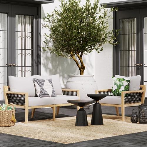 Nathan James Freya Bohemian Wood Loveseat Gray Cushion/Natural Brown Wood