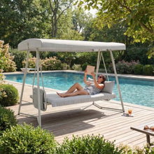 3 in 1 Patio Swing Bed w/Adjustable Canopy for Garden, Outdoor Hanging Swing Bench w/4" Thick Cushion & Metal Frame for Deck, Convertible Porch Swing Sofa w/Stand for Balcony