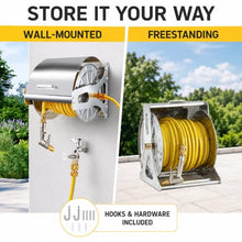Portable Garden Hose Reel Station, 304 Stainless Steel Drum with Manual Crank and Carry Handle, Wall or Floor Mount, Inlet Line and Spray Nozzle Included 40m