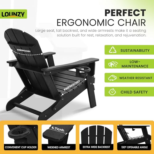 LOUNZY Folding Adirondack Chair Set of 6 All-Weather with Cup Holders Black