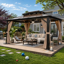 YOLENY 10'x13' Hardtop Gazebo, Outdoor Polycarbonate Double Roof Canopy, Aluminum Frame Permanent Pavilion with Curtains and Netting, Sunshade for Garden, Lawns, Patio
