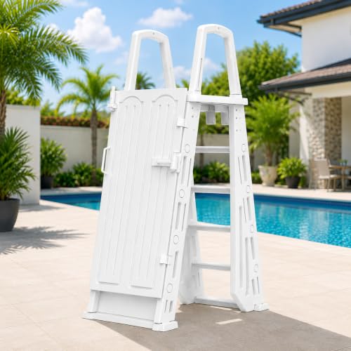 XtremepowerUS Above Ground Pool Ladder & Step System with Lockable Safety Gate, Adjustable Height, Wide Non-Slip Steps, Heavy-Duty Entry Ladder for 48"–54" Swimming Pools