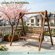 2-Seat Porch Swing with A-Frame Stand, Wooden Log Patio Swing Chair with Wagon Wheel Armrests, Adjustable Height, Gentle Swing Motion, Heavy Duty Fir Wood, 550 lbs Capacity for Garden Yard Deck
