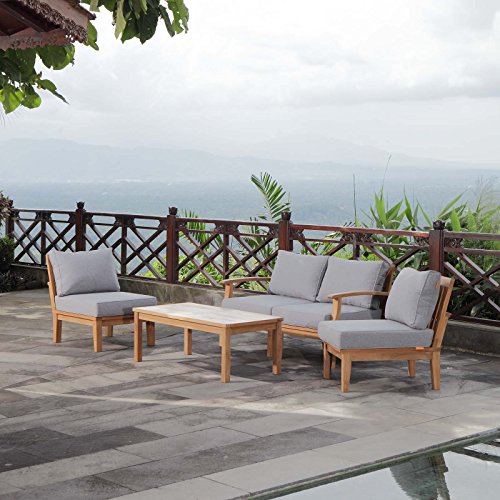 Modway EEI-1477-NAT-GRY-SET Marina Premium Grade A Teak Wood 5-Piece Outdoor Patio Furniture Set, Natural Gray