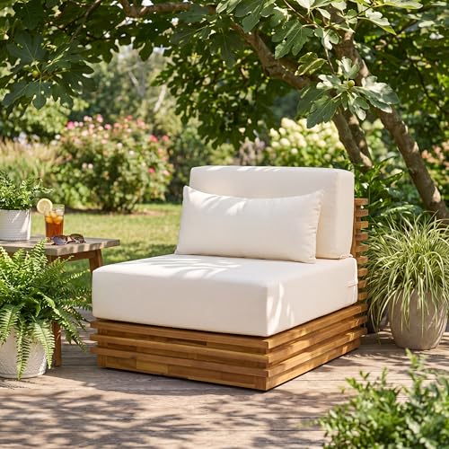 Merax Oversized Outdoor Club Chair with Acacia Wood Frame, Natural Finish & Beige Cushions, Patio Lounge Chair for Garden, Deck & Poolside