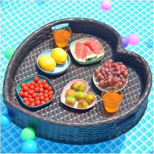 OGMOYT Heart-Shaped Rattan Pool Tray - 60cm Floating Breakfast & Drink Holder for Hot Tubs Spas B，