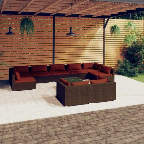 KTHLBRH Brown Poly Rattan and Cinnamon Red Cushions Garden Lounge Set, 4-Piece Outdoor Patio Furniture for Backyard, Balcony, Durable Weather-Resistant Modular Seating