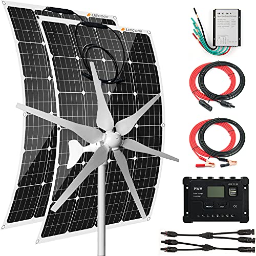 Flexible Solar Panel 640 Watts 12 Volts Solar Wind Hybrid System Kit:2 PCS 120W Monocrystalline Solar Panels with Charge Controller 400W 12V Wind Turbine Generator Off Grid for RV