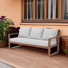 Grafton Eucalyptus 3-Seat Outdoor Bench - Weather-Resistant Gray Cushions, Durable Termite-Resistant Wood, Ideal for Patio & Garden, 74.5 in. W x 31.5 in. D x 33.5 in. H