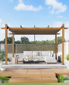 Garvee 10x13 ft Outdoor Pergola with Retractable Canopy – Upgraded Aluminum Faux Wood Grain Metal Patio Pergola for Modern Backyard Deck, Porch, Grape Trellis in Khaki