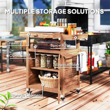 Amgalers Wood Frame Grill Cart, Stainless Steel Tabletop Pizza Oven Stand, Closed Storage Cabinet, Spice Rack & Towel Holder for Patio, Backyard Indoor Outdoor Use(Brown)