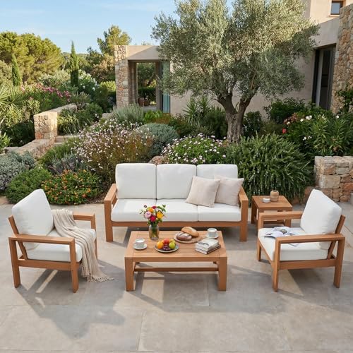 OTSUN 5 Pcs Outdoor Patio Furniture Set, Front Porch with 3 Seater Sofa 2 Single Chairs HDPE and Side Table Sectional for Garden Terrace & Backyard (5 Pcs Outdoor Patio Furniture Set)