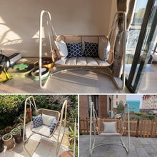 Indoor Outdoor Cloud Swing Chair with Stand, Patio Wicker Glider Loveseat Hanging Swinging with Cushion and Pillows Included, for Patio Balcony Backyard(2-Seater)