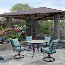 Hanover Lavallette 5-Piece Outdoor Dining Set with Swivel Rocker Chairs and Glass-Top Table Blue