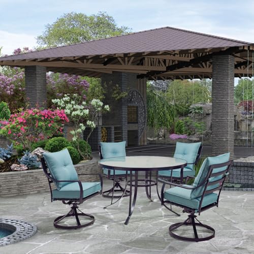 Hanover Lavallette 5-Piece Outdoor Dining Set with Swivel Rocker Chairs and Glass-Top Table Blue