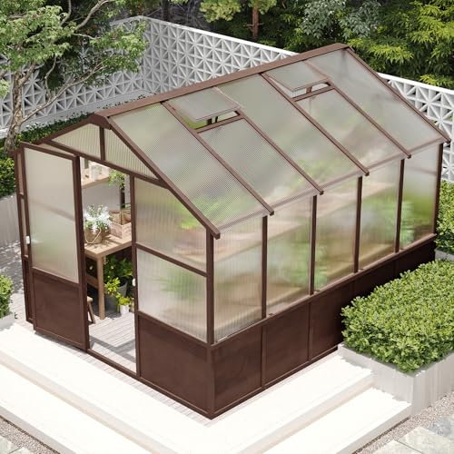 GDFStudio 8x10 FT Wooden Greenhouse for Outdoors, Walk-in Greenhouse Kit with 6mm Panels, Lockable Door, Adjustable Roof Vents, Outdoor Green House for Garden Backyard Patio Lawn, Dark Coffee
