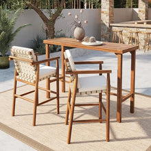 WZONICE98 3-Piece Outdoor Bar Set Acacia Wood Patio Bar Table and 2 Stools with Cushions High Top Outdoor Furniture for Backyard Poolside 400 lbs Capacity Stools Beige