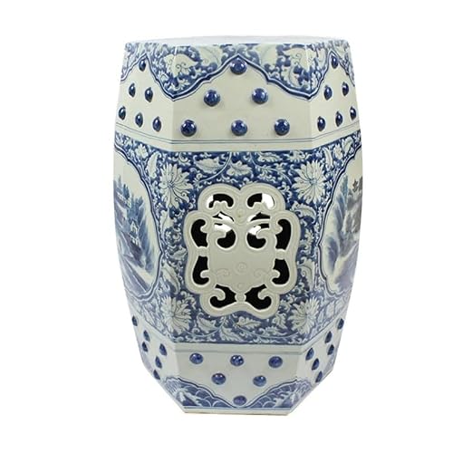 JOYNOW Ceramic Garden Stool Decorative Garden Stools Hand-Painted Blue and White Hexagonal Stool Window Landscape Dressing Stool Antique Drum Stool Home Collection Ornaments Garden Stool Ceramic