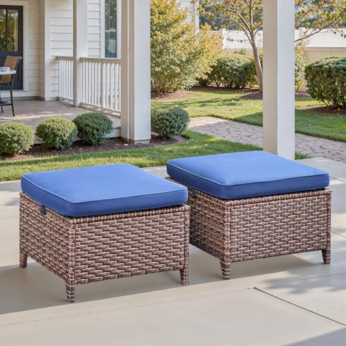 Seeheool Outdoor PE Wicker Ottomans Set of 2, Patio Brown Rattan Footrests with Blue Cushions for Backyard or Deck
