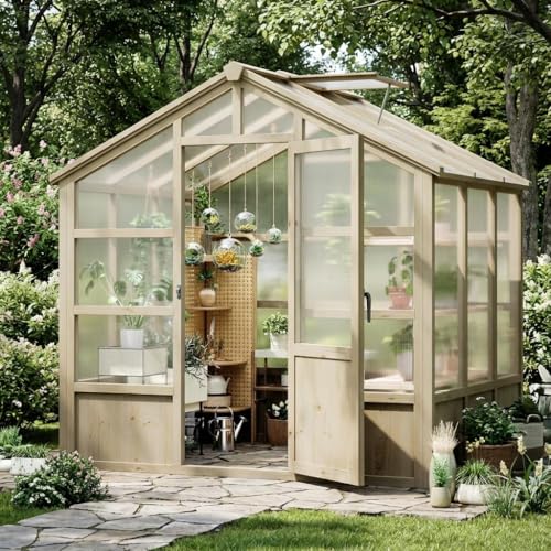 GarveeLife Wooden Greenhouse, 8x6 ft Greenhouses for Outdoors with Lockable Door, Wood Frame & Adjustable Vent, Heavy Duty Greenhouse with Polycarbonate Panel for Outside, Garden, Yard, Light Brown