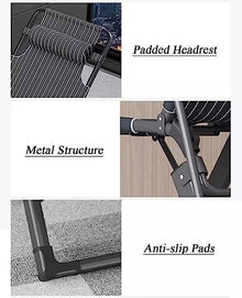 CUTPOIY Folding Reclining Chair Outdoor Garden Sun Lounger with Headrest Pillow, 5-Position Adjustable Lounge Chair Relaxer Recliner for Patio Lawn Beach Camping, Chair+Cushion
