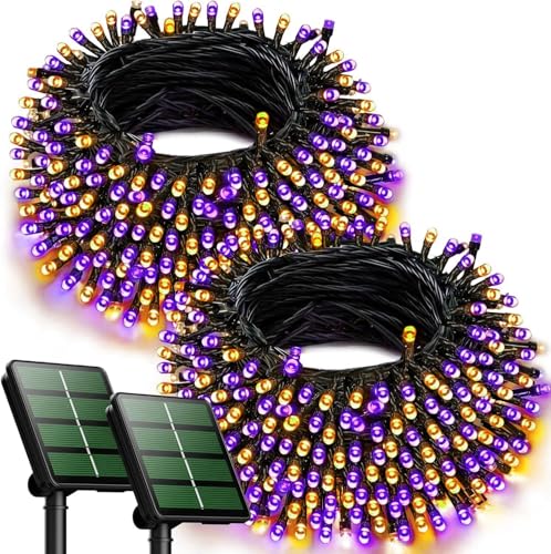 SHANJIA 2 Pack Upgrade Solar String Lights, 102M 1000LED Outdoor Light String with USB/8 Modes Waterproof for Trees Patio Fence Party Solar Christmas Light String (Purple+Orange)