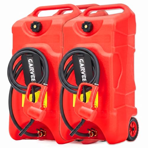 Garvee 2 Pack 16 Gallon Gas Can with Manual Pump, Fuel Tank Container with LE Fluid 10 FT Transfer Siphon Pump, Portable Diesel Gas Storage Caddy On Wheels for Car, Weeder, Boat, Tractor, Generator