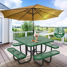 46" Square Top Outdoor Picnic Table Set for Up to 8 Persons, Outside Table Set with 4 Built-in Benches, Metal Commercial-Grade Dining Furniture with Umbrella Hole for Garden, Backyard, Porch, Green