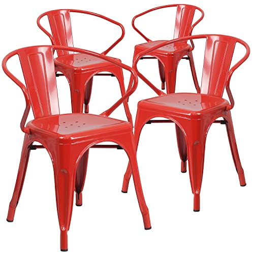 Flash Furniture Roy Commercial Grade 4 Pack Red Metal Indoor-Outdoor Chair with Arms