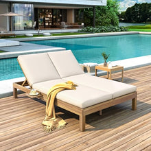 Praxatek Patio Double Chaise Lounge with 5-Position Adjustable Backrest, Acacia Wood Frame, 4-Inch Cushions, Seats 2, Gray (Light Teak)