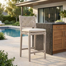 Outdoor Escape Beige Costa Counter Stool, Removable Seat Cushion, Solid Teak and Metal Frame, Ecru Weave, Patio Dining