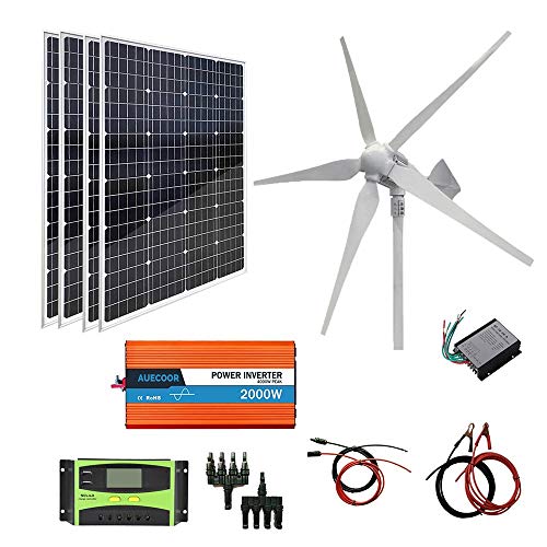 AUECOOR 1280W Wind Solar Hybrid System: 480W Mono Solar Panels + 800W Wind Turbine Generator with Controller + 2000W Pure Sine Wave Inverter for Home Boat Cabin