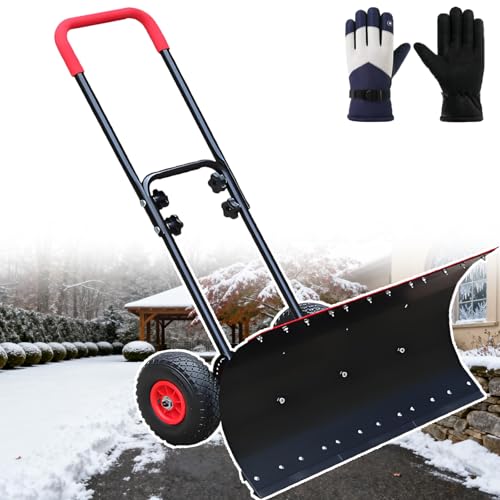 piudoiliy Snow & Ice Removal Shovel,2-in-1 Outdoor Snowplow,Double-Handle Snow Pusher,with Wheels, 42cm Clearing Width