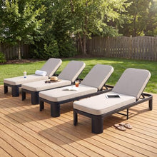 Christopher Knight Home Tidi Acacia Wood Chaise Lounge Chair Outdoor Set of 4, Poolside Sun Lounger Recliner, Patio Outdoor Chaise Lounge with Cushions, Adjustable Single Lounge Sofa, Black+Beige