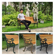 Outdoor Solid Wood Garden Park Bench for 2-3 People, Weatherproof Patio Lawn Bench Porch Seat with Cast Iron Frame, Porch/Deck/Patio Furniture Bench with Backrest and Armrests(Teak+Black Chair Legs,12